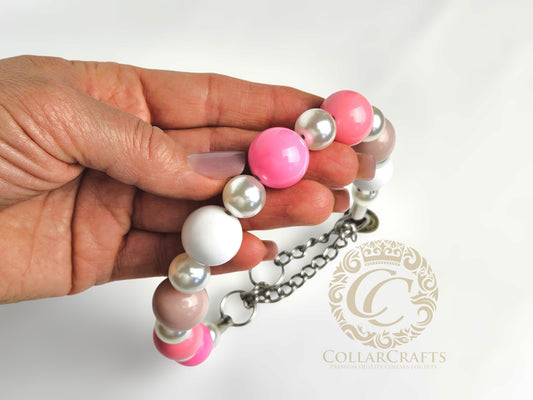 Beaded dog collar CollarCrafats Pink Champagne White Pink Beads og Collar Unbreakable Dog Necklace