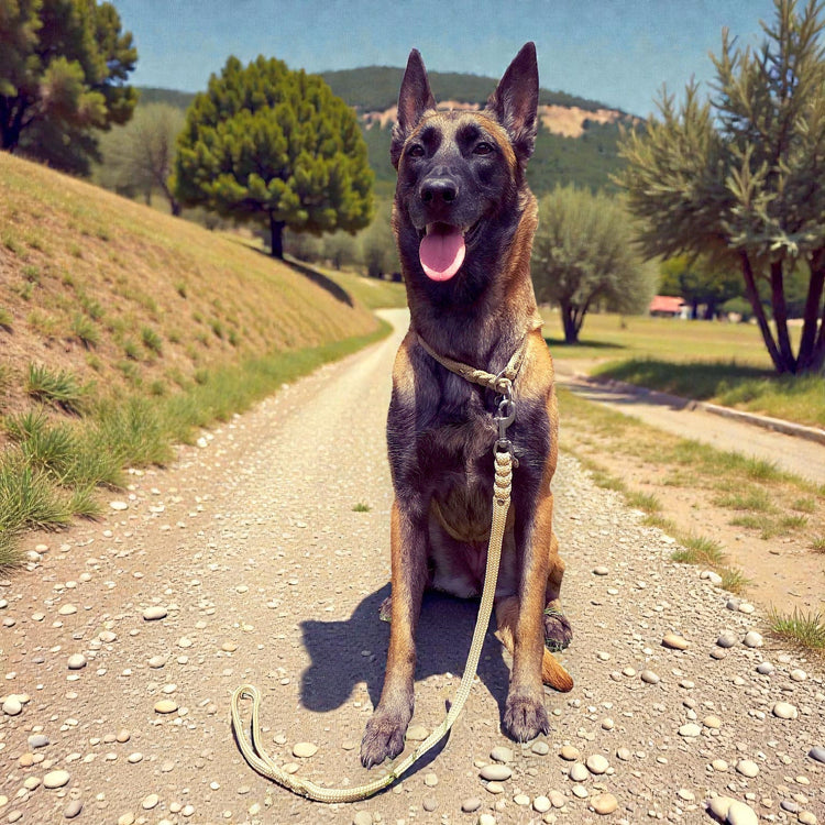 A slip collar CollarCrafts with a matching leash CollarCrafts on a belgian malinois dog