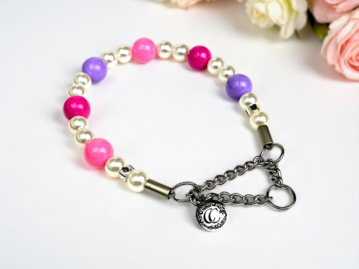 Dog collar Pink Purple Pearls