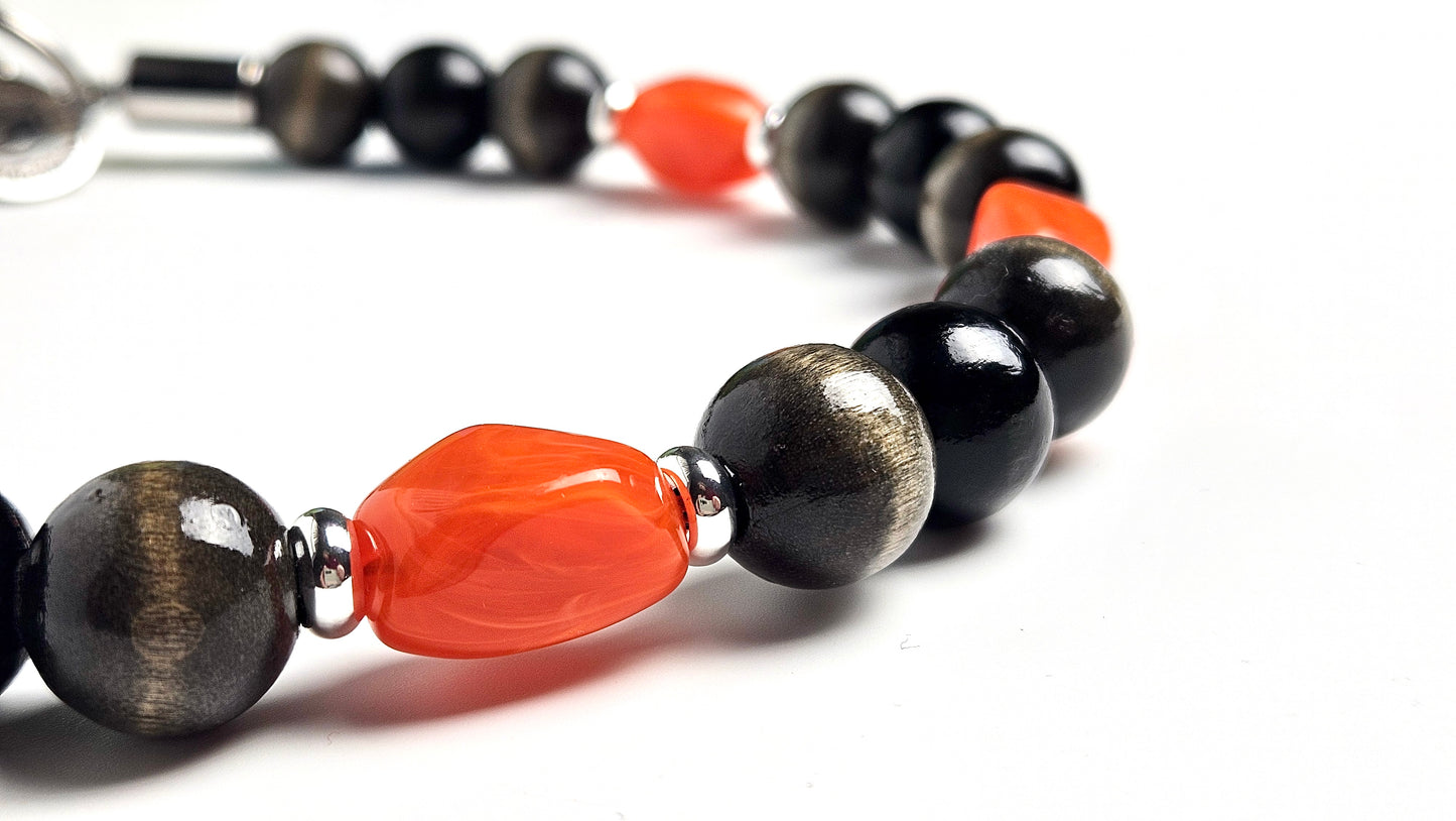 Unbreakable dog jewelry collar with wooden beads and design acrylic stones Noir Ember wiith martingale closure