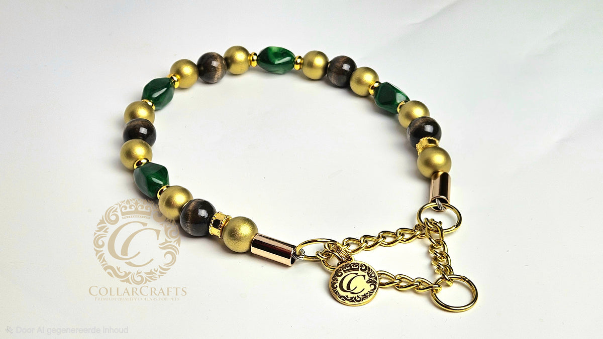 Luxury emerald green beaded dog collar with gold hardware and wooden beads, handmade designer dog collar by CollarCrafts for dogs of all sizes with martingale closure