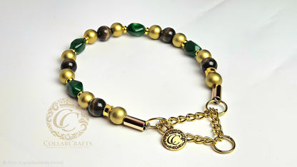 Luxury emerald green beaded dog collar with gold hardware and wooden beads, handmade designer dog collar by CollarCrafts for dogs of all sizes with martingale closure