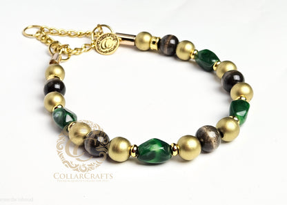 Luxury emerald green beaded dog collar with gold hardware and wooden beads, handmade designer dog collar by CollarCrafts for dogs of all sizes