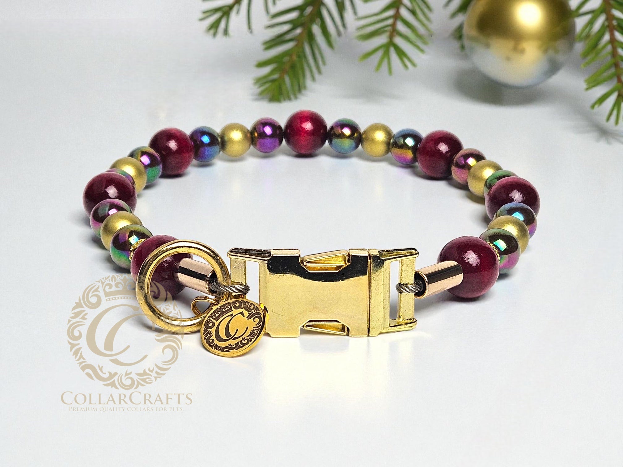Premium Beaded Burgundy Aurora dog collar with gold hardware and bordeaux, golden and metallic color beads, designed for stylish and leash-safe everyday wear. Buckle closure 