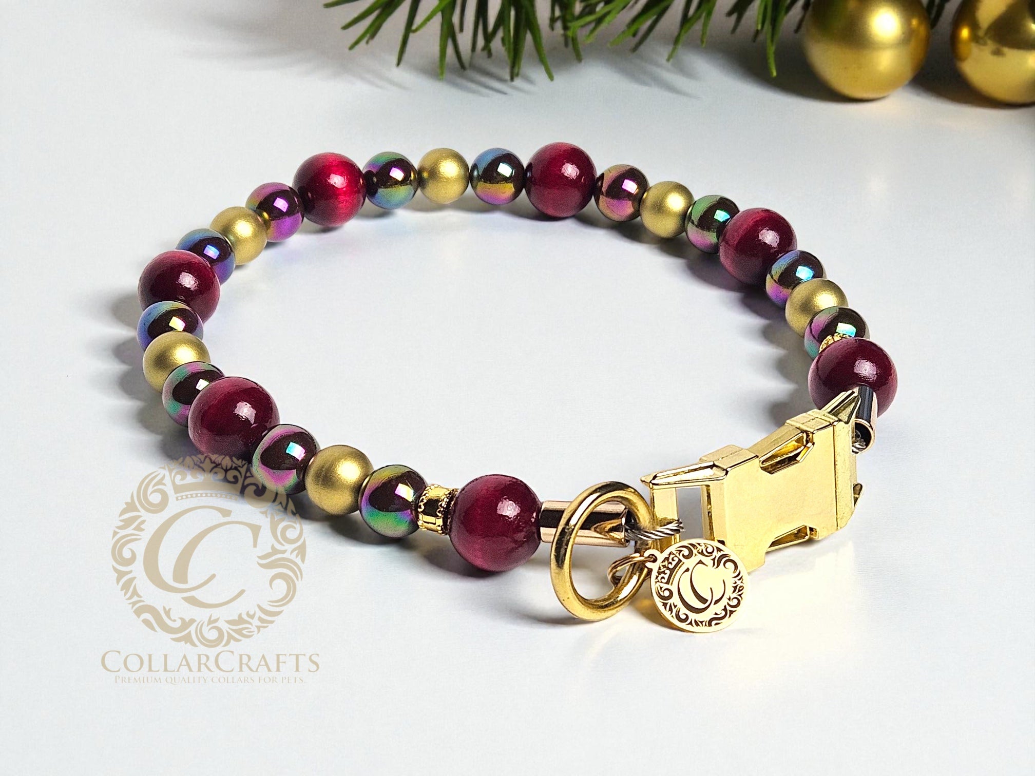 Premium Beaded Burgundy Aurora dog collar with gold hardware and bordeaux, golden and metallic color beads, designed for stylish and leash-safe everyday wear.