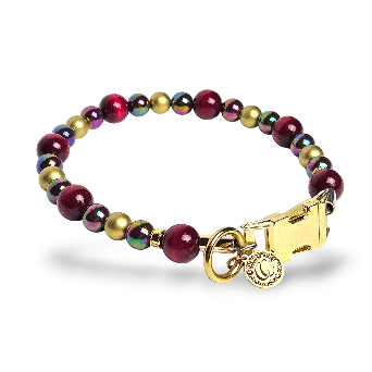 Premium Beaded Burgundy Aurora dog collar with gold hardware and bordeaux, golden and metallic color beads, designed for stylish and leash-safe everyday wear.