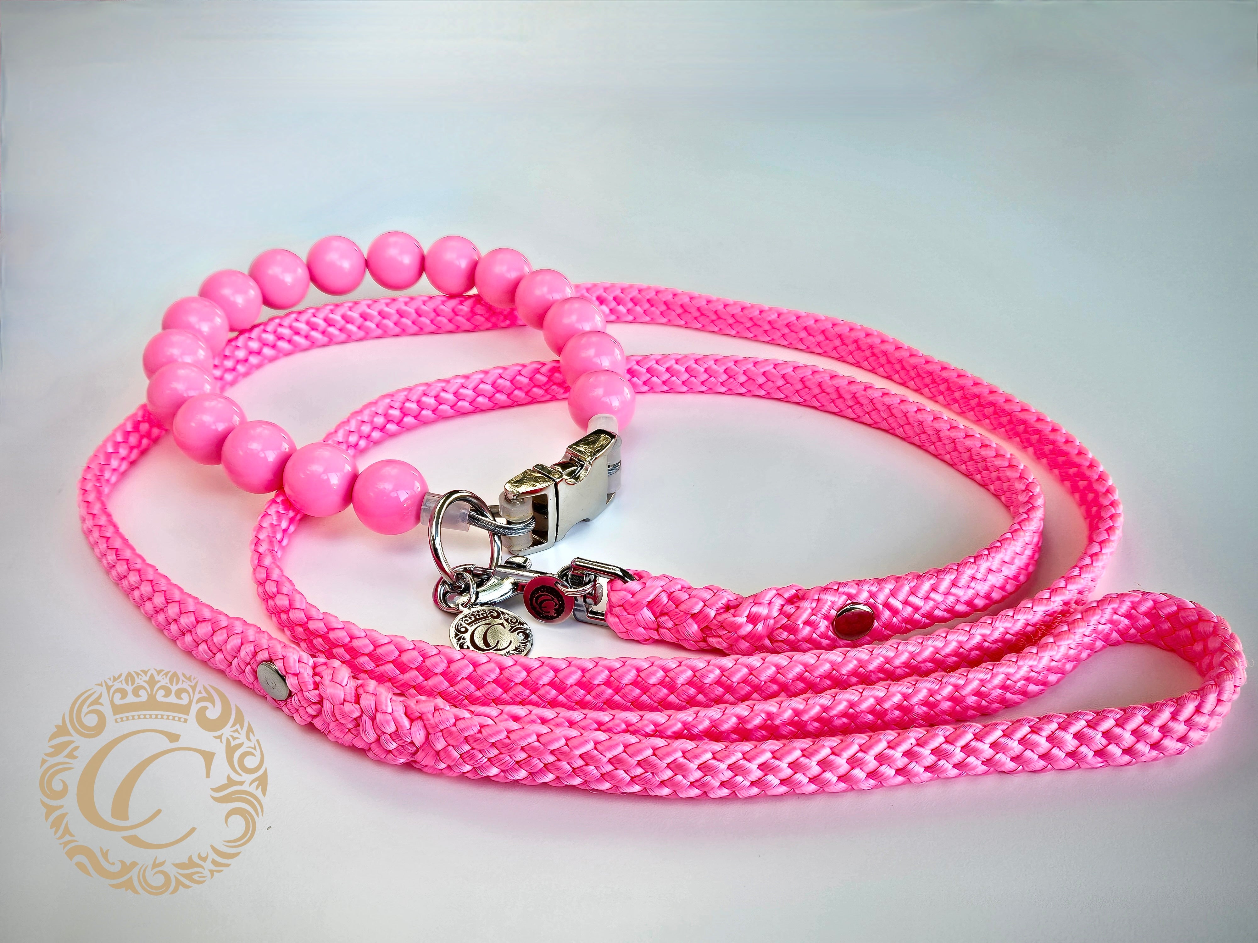 CollarCrafts Vivid Pink Maxi Beaded Dog Collar with vibrant pink beads, stylish and durable pet accessory