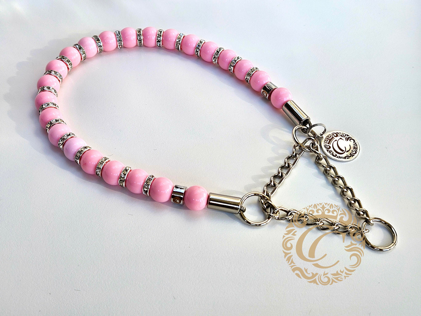 Dog Collar CollarCrafts Sparkle and Beads Pink Mini Custom Made For All Dog Sizes Luxury Dog Necklace Unbreakable Leash Safe Beaded Martingale Dog Collar 