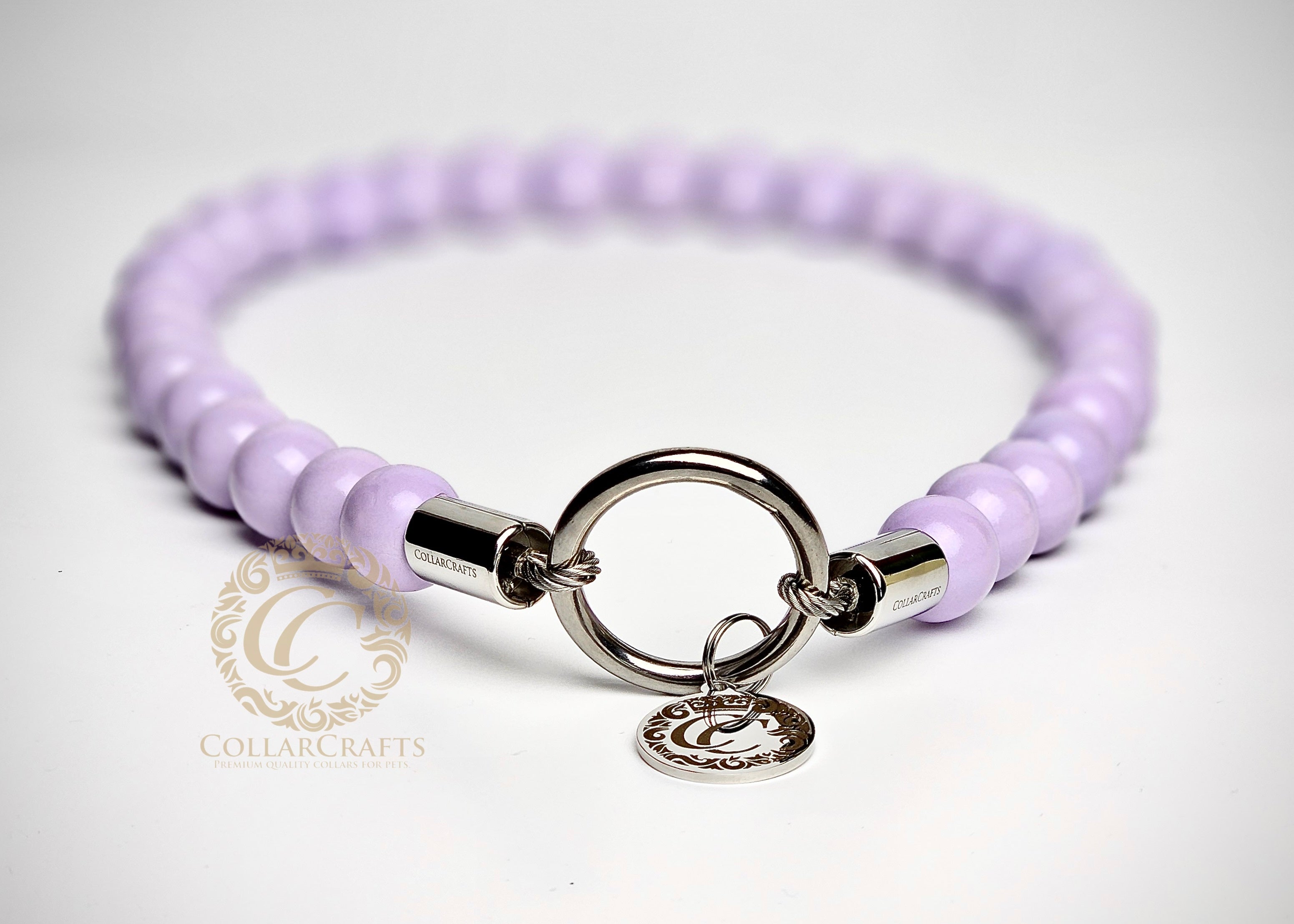Handmade lilac beaded dog collar with waterproof wooden beads, luxury durable design for small to large dogs