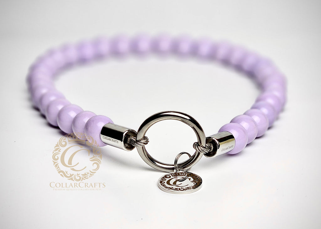 Handmade lilac beaded dog collar with waterproof wooden beads, luxury durable design for small to large dogs
