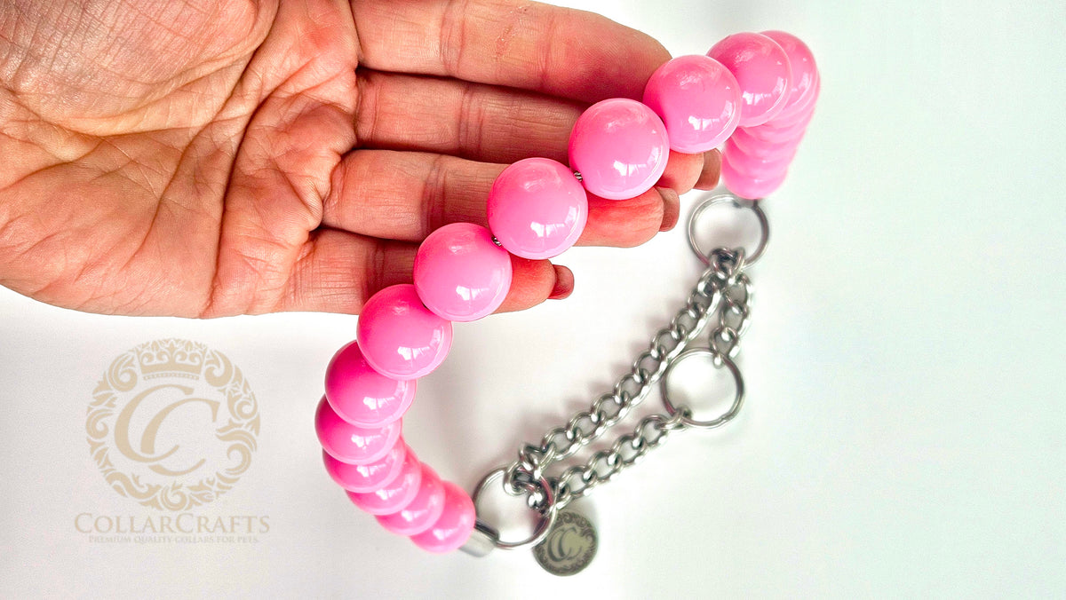 CollarCrafts Vivid Pink Maxi Beaded Dog Collar with vibrant pink beads, stylish and durable pet accessory