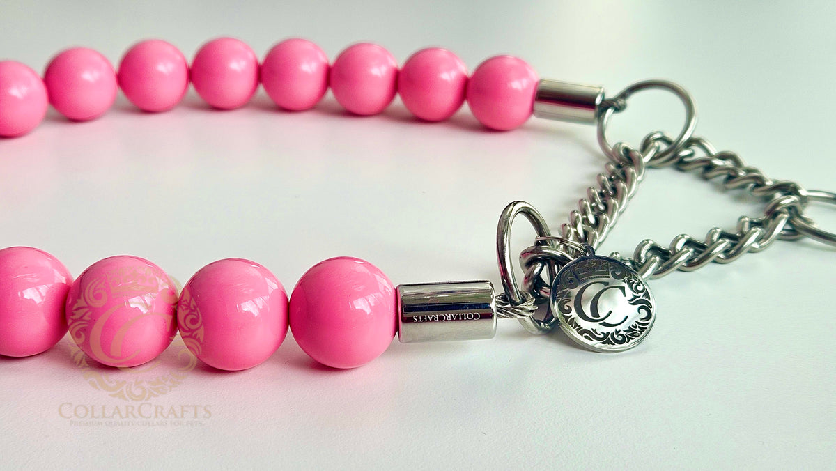 CollarCrafts Vivid Pink Maxi Beaded Dog Collar with vibrant pink beads, stylish and durable pet accessory