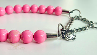 CollarCrafts Vivid Pink Maxi Beaded Dog Collar with vibrant pink beads, stylish and durable pet accessory