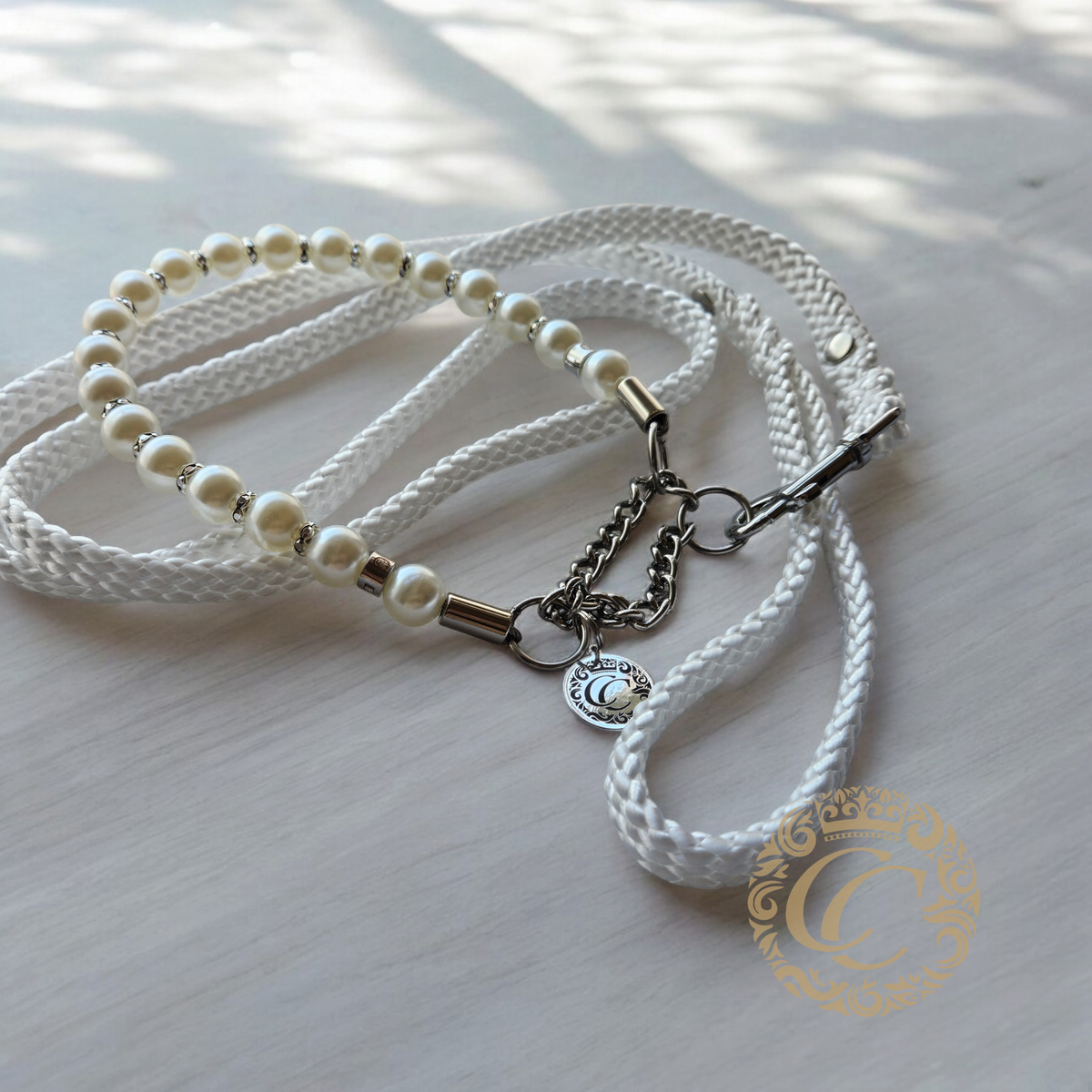 CollarCrafts LUX Sparkle & Pearls Dog Collar with elegant pearls and beads  detailing for dogs of all sizes- with a matching leash