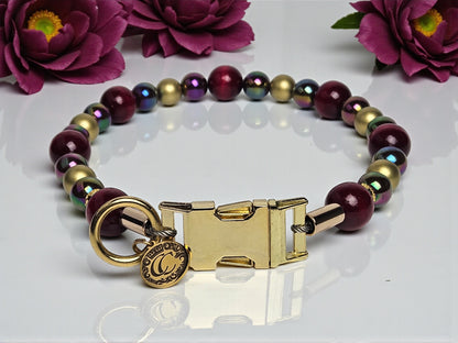 Premium Beaded Burgundy Aurora dog collar with gold hardware and bordeaux, golden and metallic color beads, designed for stylish and leash-safe everyday wear.