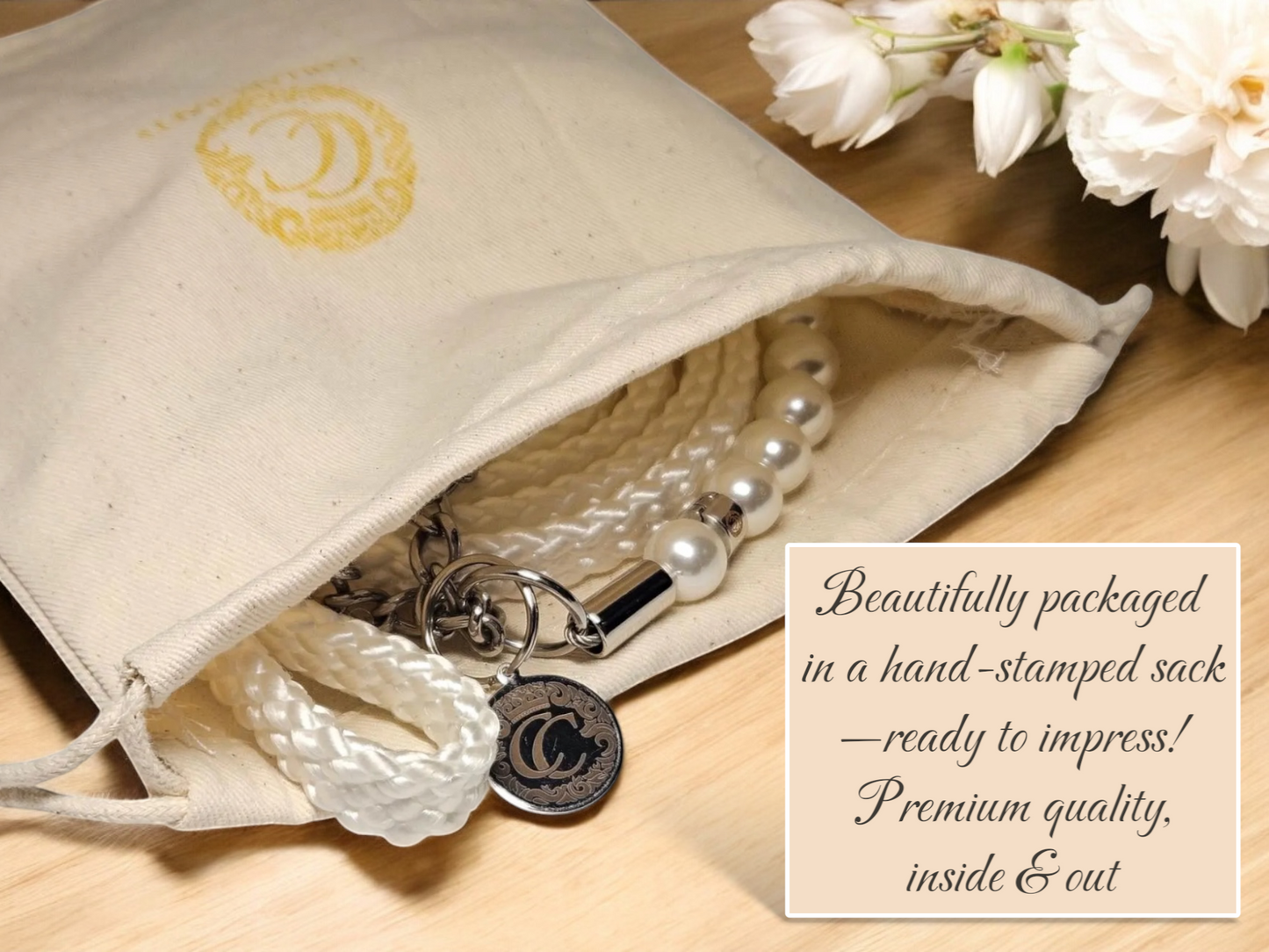 Beaded dog collar CollarCrafts with a matching leash in a hand-stamped sack 
