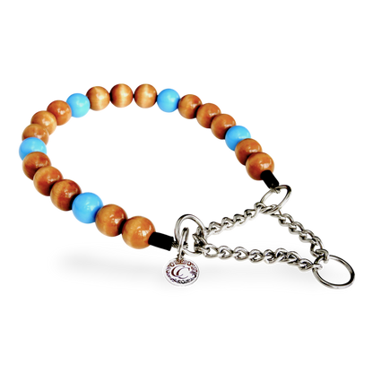 Dog collar Blue Splash Maxi | handmade dog collar | CollarCrafts | dogcollar | halsband | Natural beads dog collar  | collar | Handmade dog collar | Unbreakable Dog Necklace | Buckle dog collars | Designer dog collar | martingale dog collar | Luxury dog collars | wooden bead dog collars | alu max com dog collars | beaded collars for dogs | Colorful beads dog collars