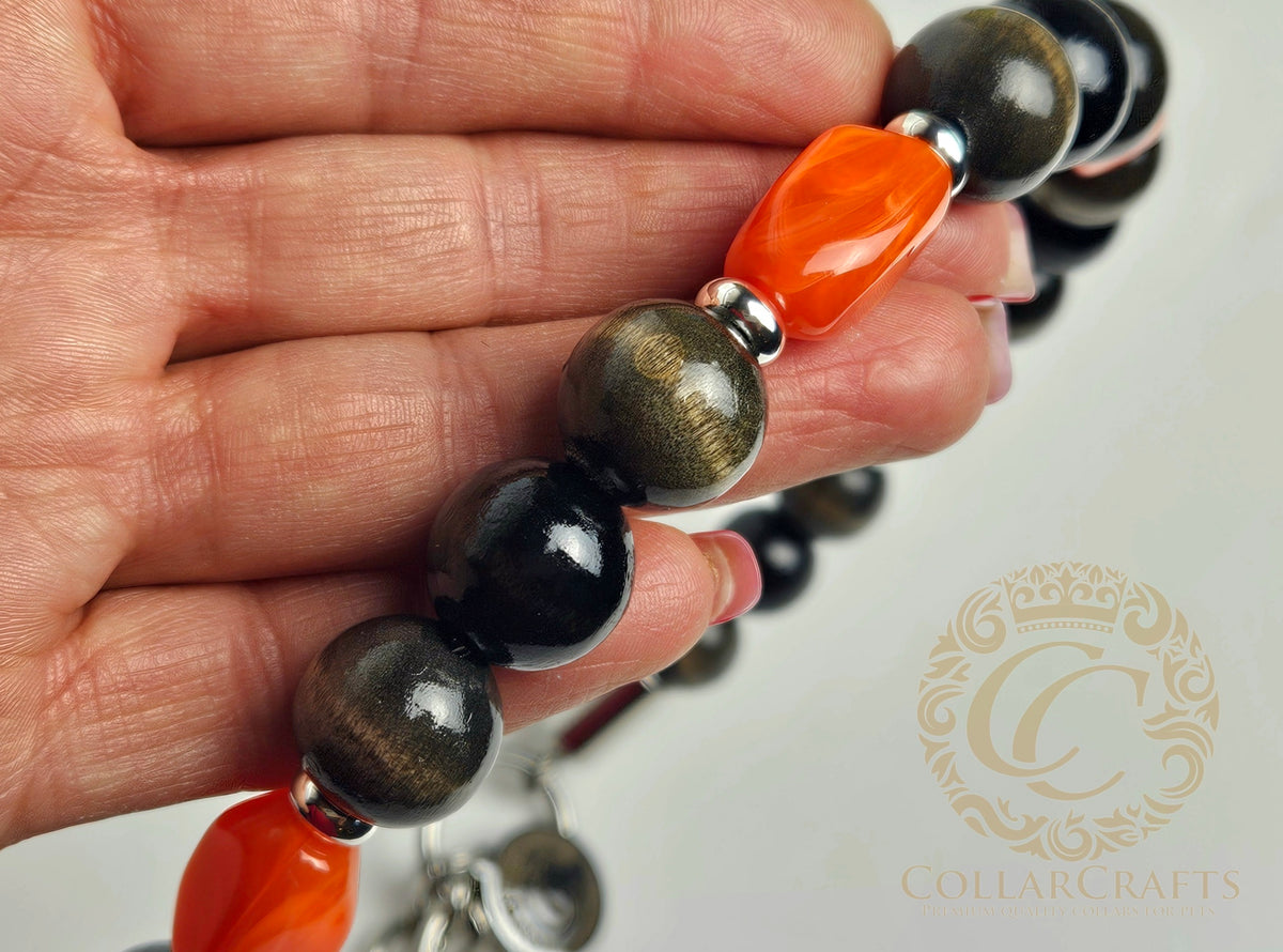 Close Up Unbreakable dog jewelry collar with wooden beads and design acrylic stones Noir Ember wiith martingale closure