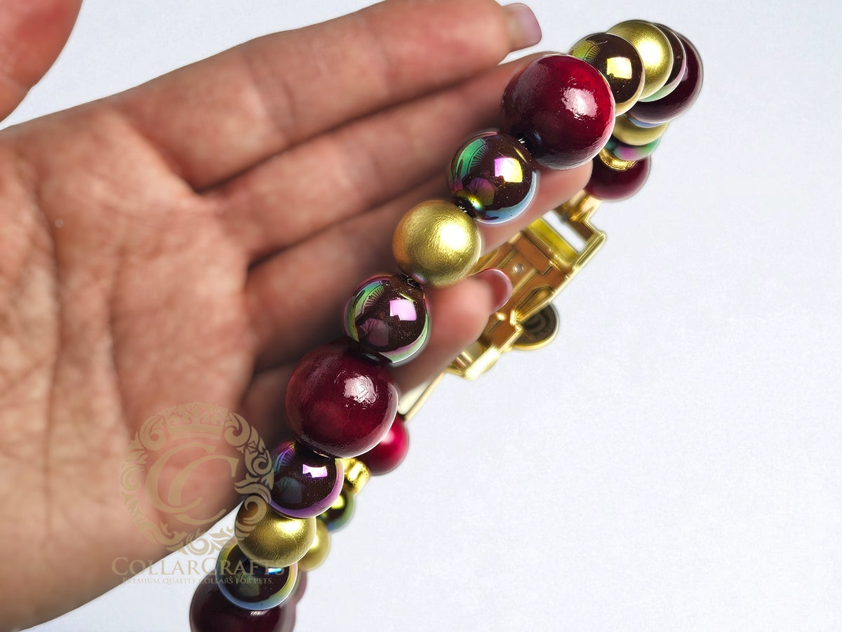 Premium Beaded Burgundy Aurora dog collar with gold hardware and bordeaux, golden and metallic color beads, designed for stylish and leash-safe everyday wear: close-up