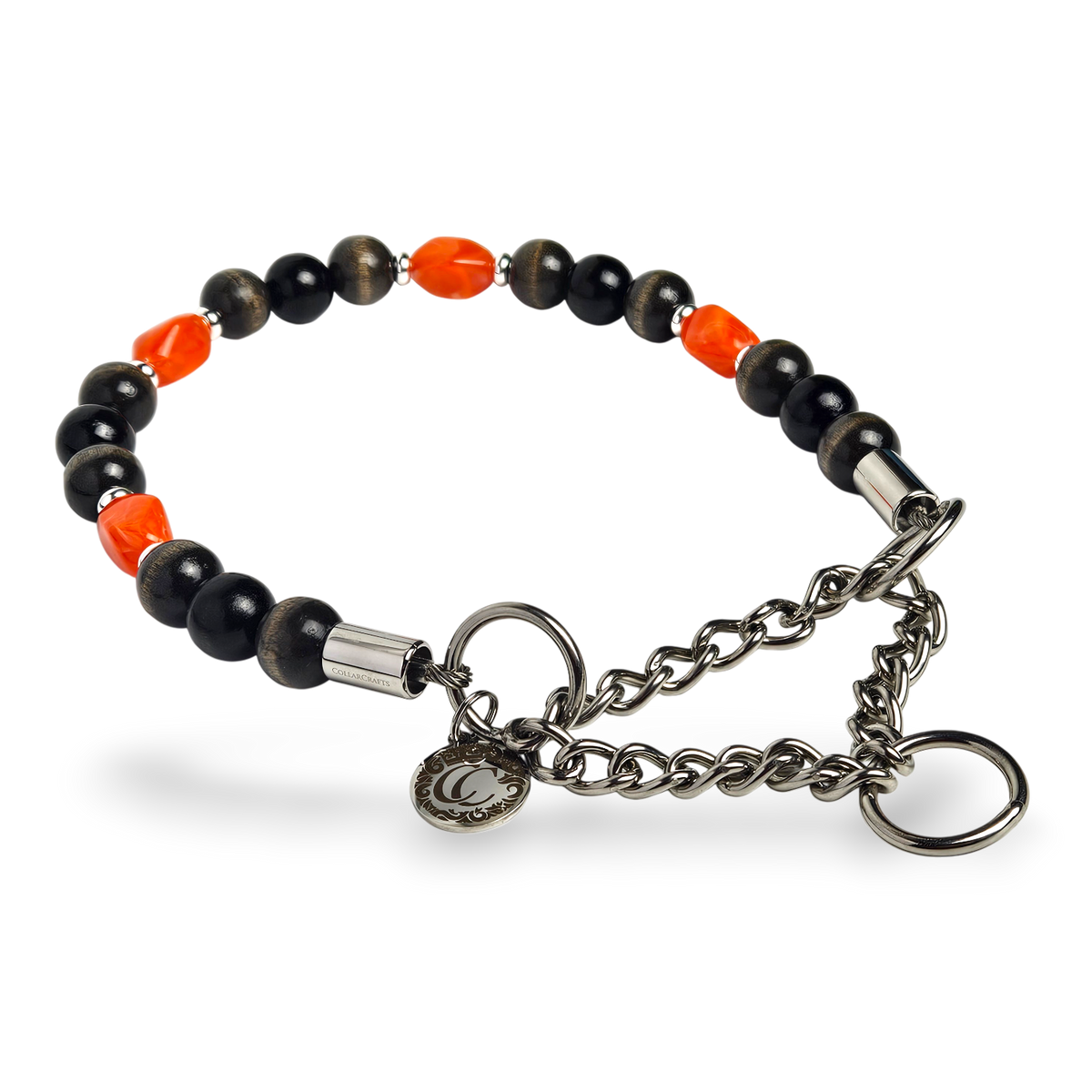 Unbreakable dog jewelry collar with wooden beads and design acrylic stones Noir Ember wiith martingale closure