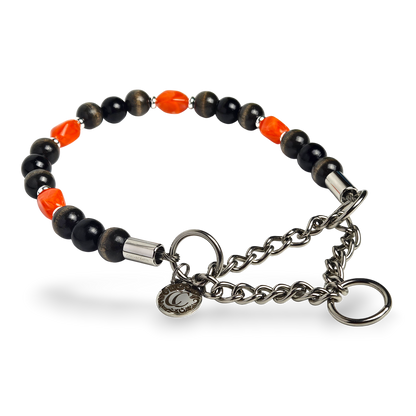 Unbreakable dog jewelry collar with wooden beads and design acrylic stones Noir Ember wiith martingale closure
