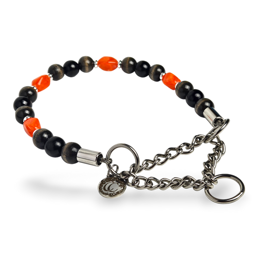 Unbreakable dog jewelry collar with wooden beads and design acrylic stones Noir Ember wiith martingale closure
