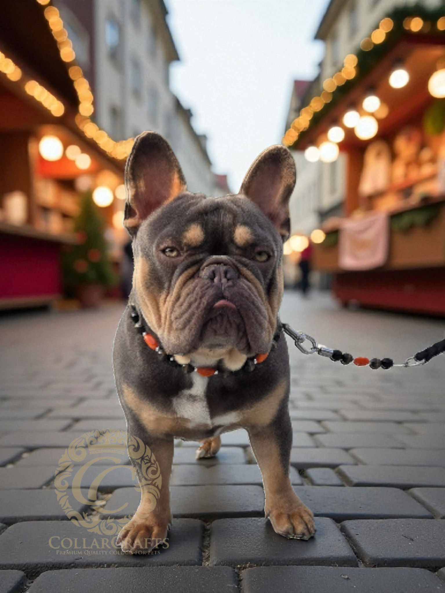 French Bulldog on a CollarCrafts leash with a CollarCrafts dog collar Noir Ember in an urban setting with market stalls in the background