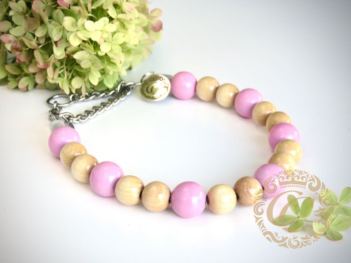 Dog collar Pink Wood Maxi | handmade dog collar | CollarCrafts | dogcollar | halsband | Unbreakable dog necklace | collar | Chic dog collar | Unbreakable Dog bead collar | Martingale dog collars | Designer dog collar | Girly dog collars | Luxury dog collars | wooden bead dog collars | alu max com dog collars | beaded collars for dogs | Pink beads dog collars and leashes