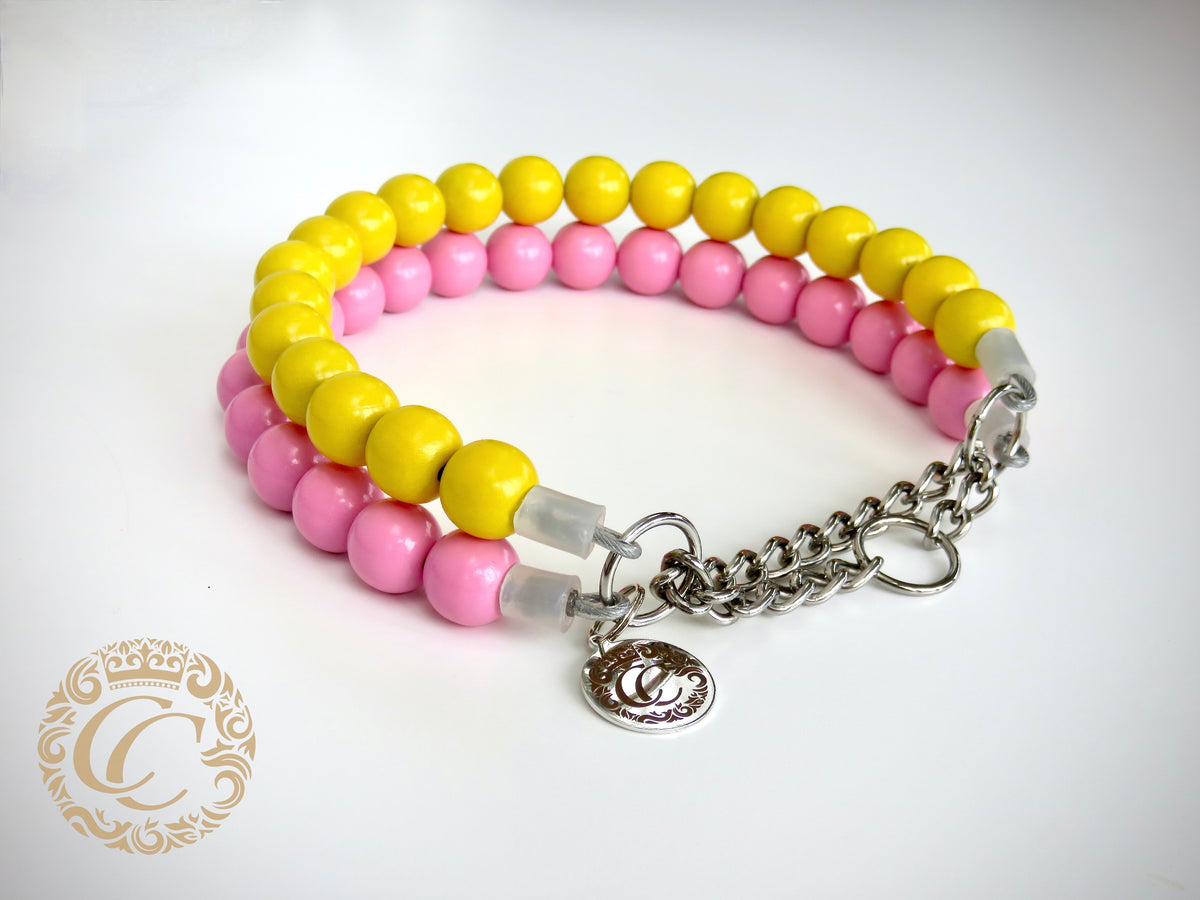 Dog collar Sunny Pink| Luxury Dog Collars | Pink Yellow beads dog Collar | CollarCrafts | dogcollar | collar | honden halsband | Buckle dog collar | bead dog collars | Girly dog collar | Yellow Pink dog collar | Unbreakable dog necklaces | alu max com dog collars | beaded collars for dogs | Summer dog collars