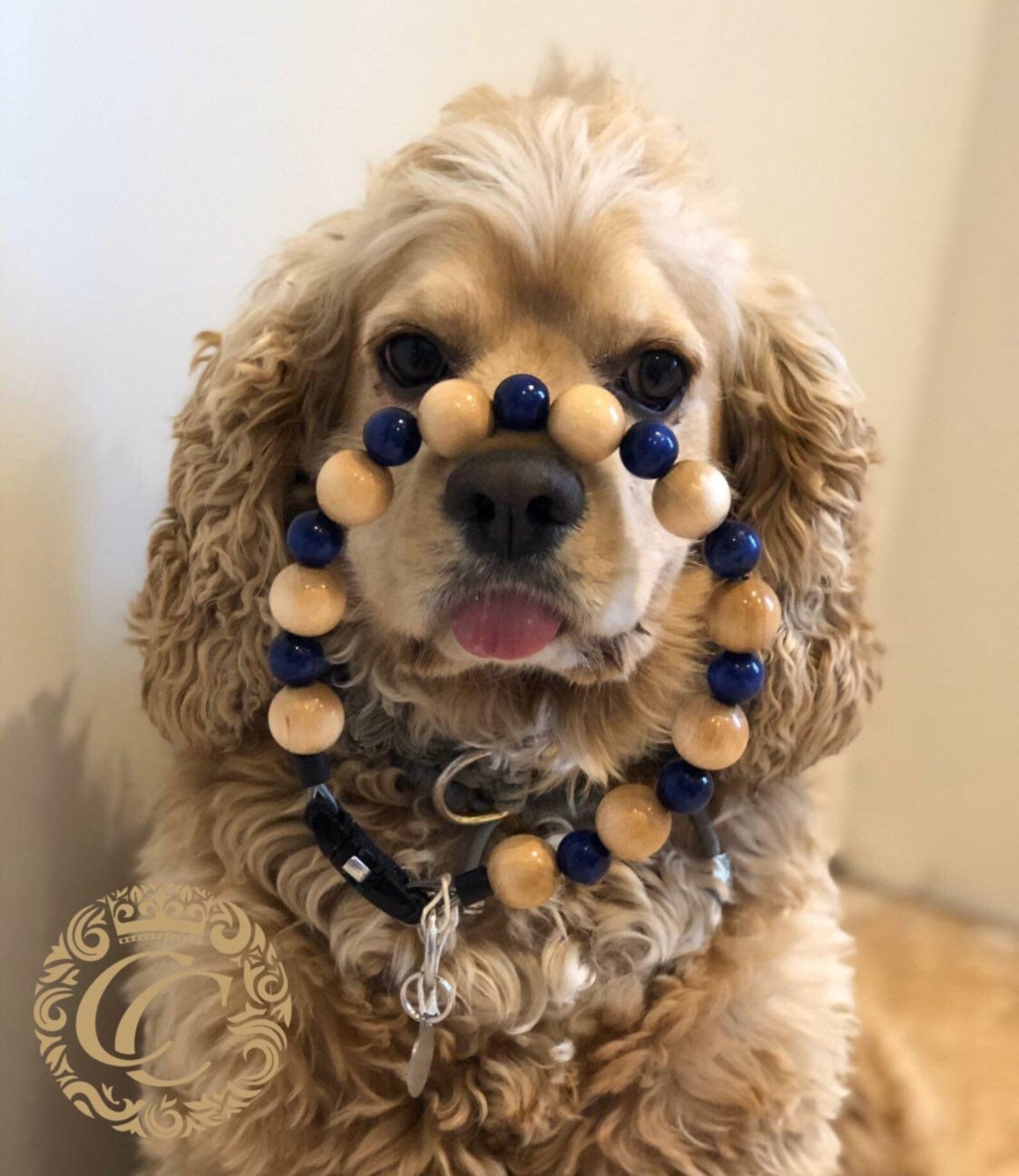 Dog collar Beige Blue | handmade dog collars | halsband | collarcrafts | dogcollar | collar | honden halsband | Natural beads dog collar | bead dog collars | Custom made dog neckwear | Luxury dog collar | Handmade dog collars | wooden bead dog collars | alu max com dog collars | Wooden beads collars for dogs | Natural dog collars