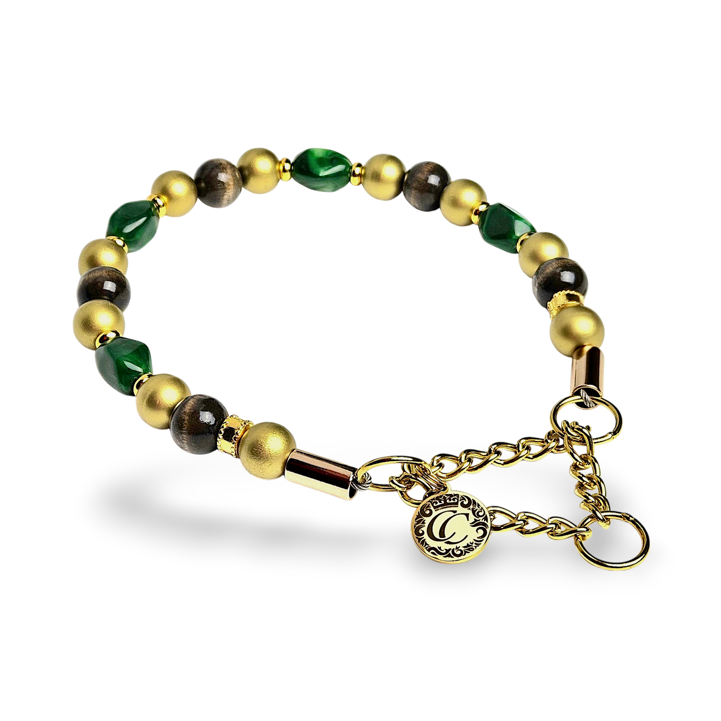 Luxury emerald green beaded dog collar with gold hardware and wooden beads, handmade designer dog collar by CollarCrafts for dogs of all sizes.