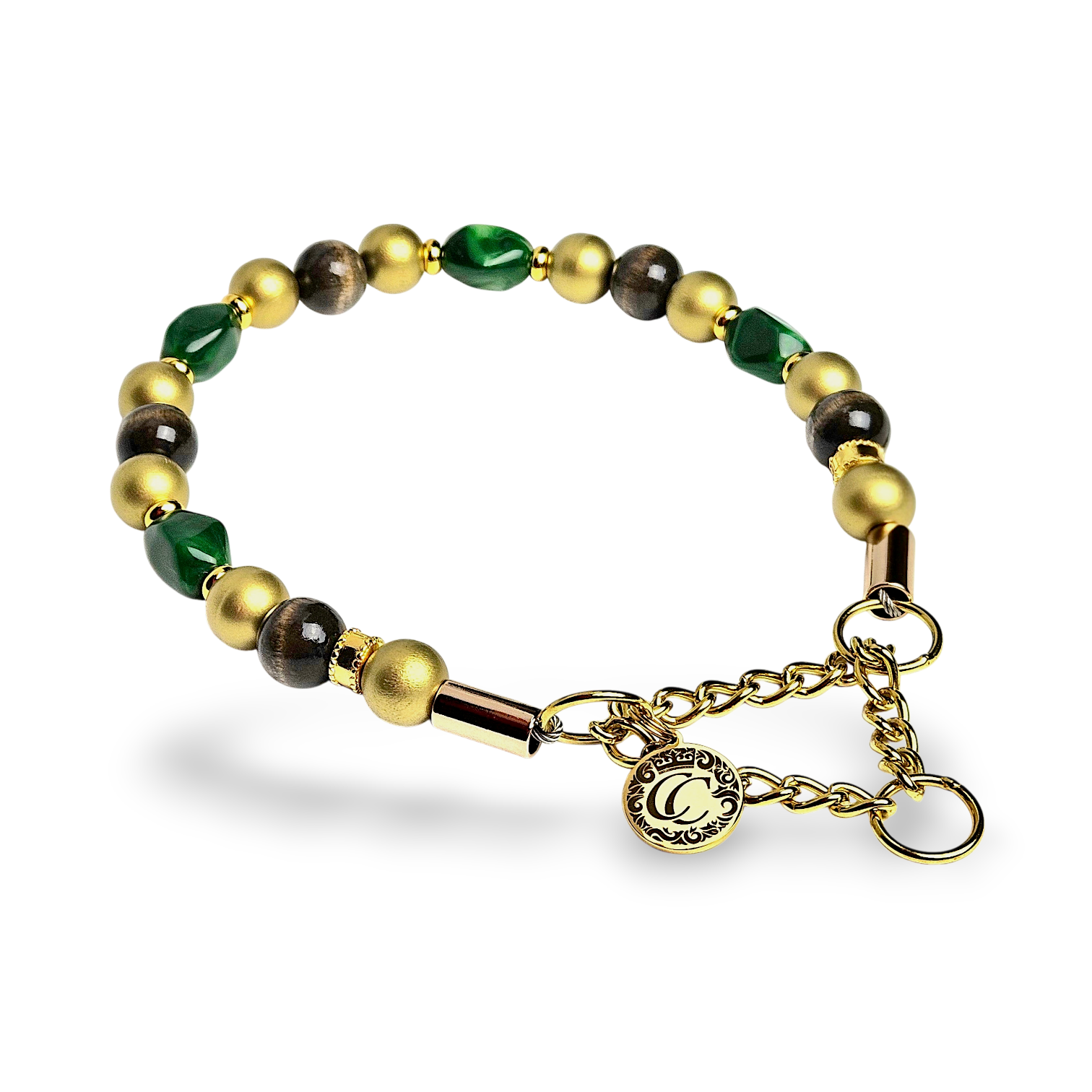 Luxury emerald green beaded dog collar with gold hardware and wooden beads, handmade designer dog collar by CollarCrafts for dogs of all sizes.