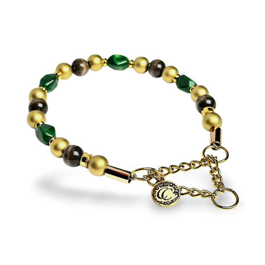 Luxury emerald green beaded dog collar with gold hardware and wooden beads, handmade designer dog collar by CollarCrafts for dogs of all sizes.