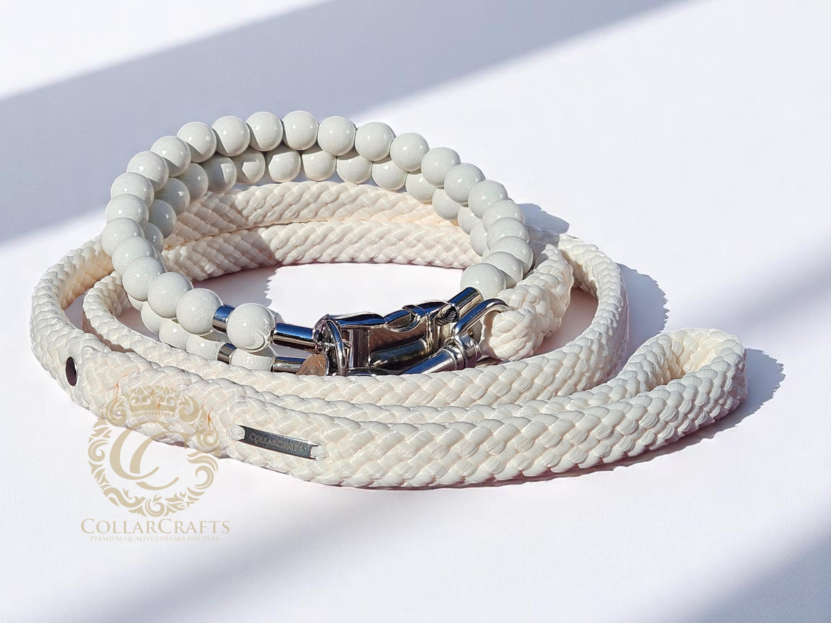 Beaded Dog collar CollarCrafts Bella Beads with durable wooden beads and buckle closure and a matching leash

