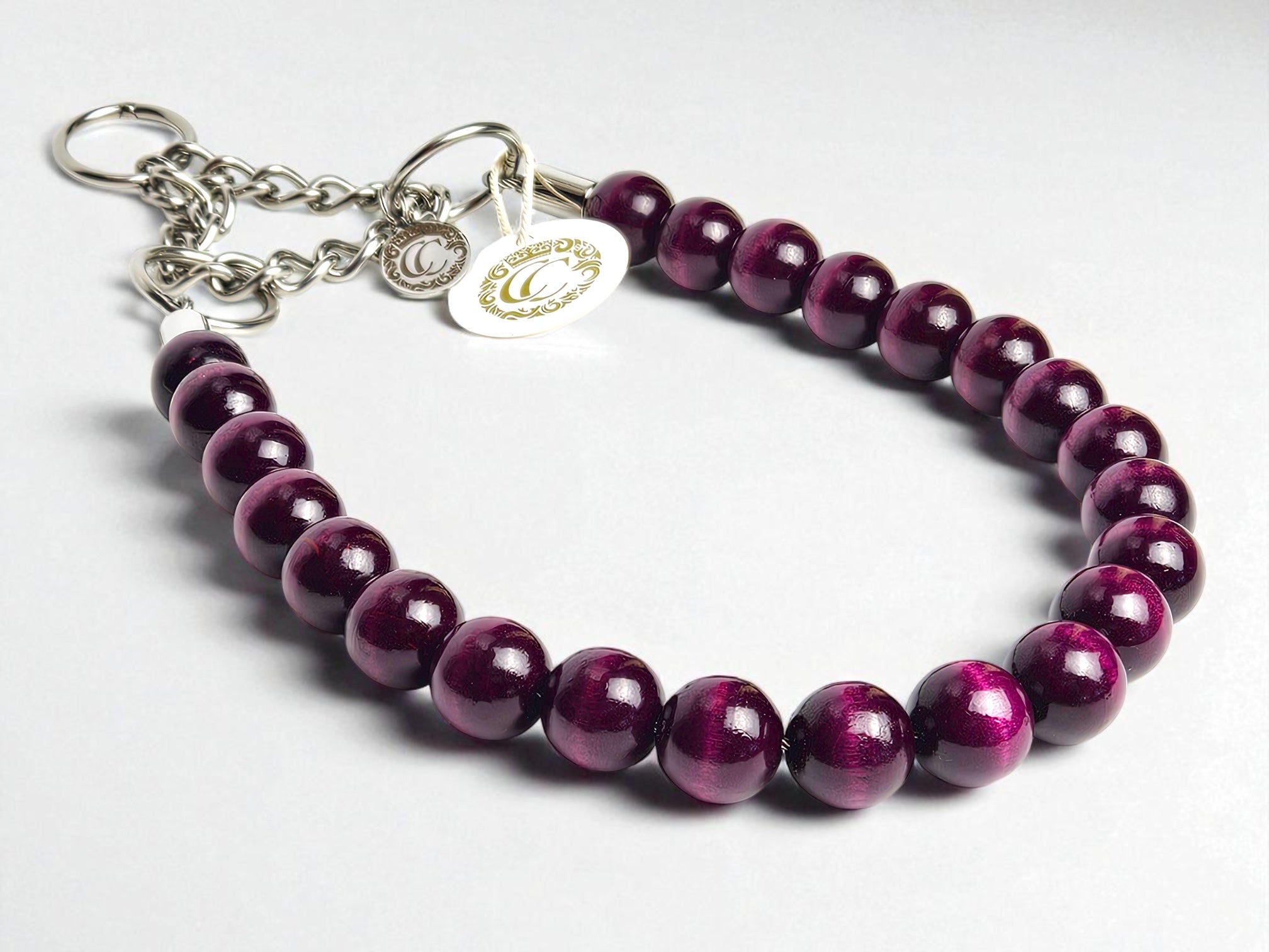 Aubergine  beaded dog collar CollarCrafts with martingale closure