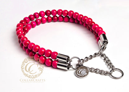 Elegant pink fuchsia dog collar with durable stainless steel martingale closure