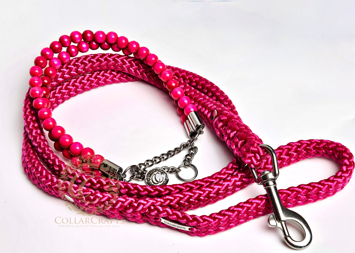 Designer pink fuchsia beaded dog collar with a matching leash by CollarCrafts
