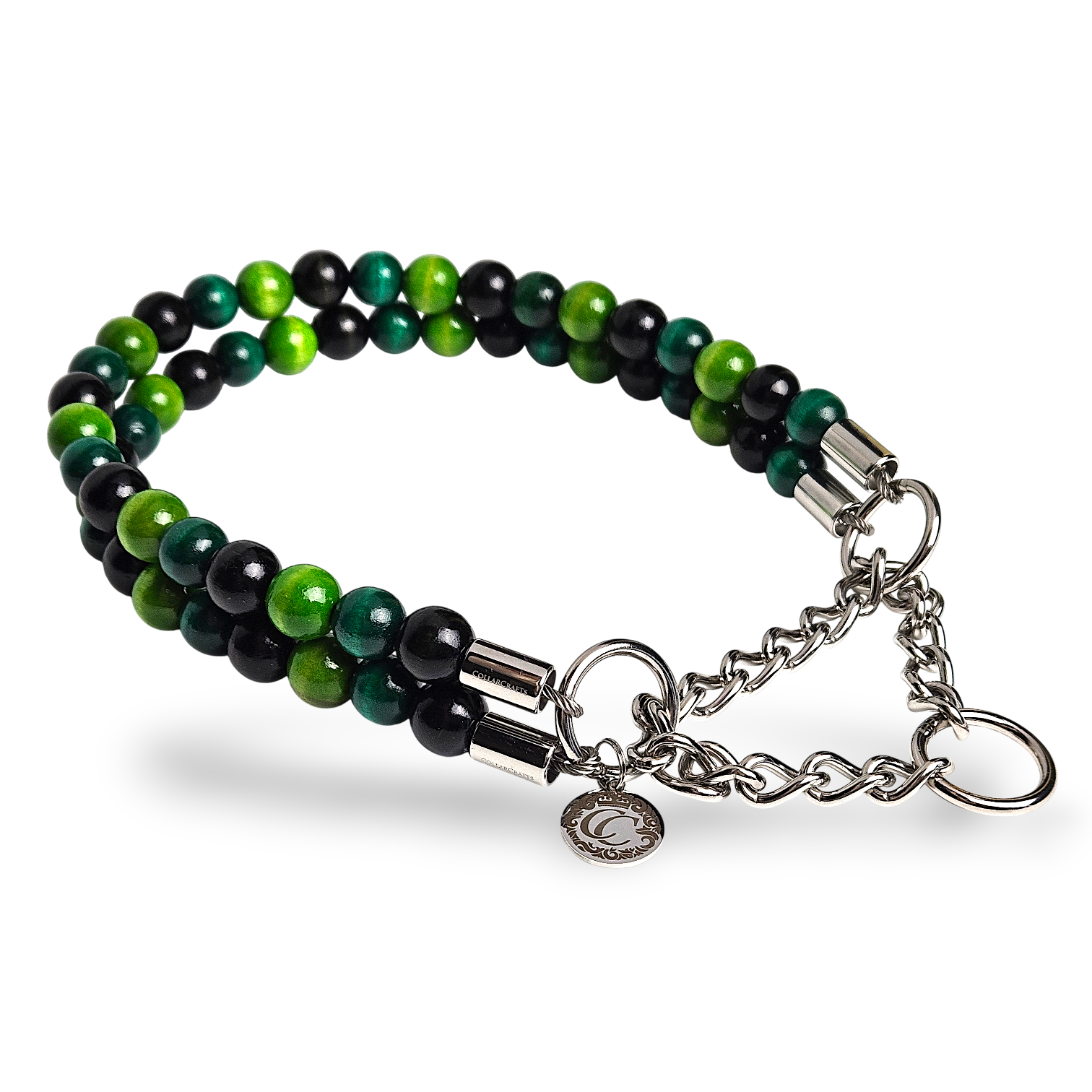 CollarCrafts beaded dog collar green emerald black beads with martingale closure for large doggs, leash safe