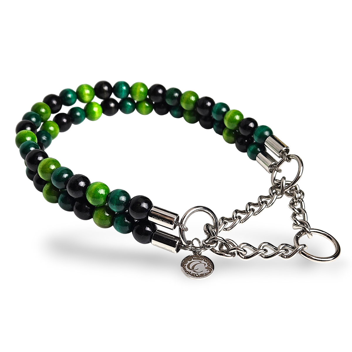 CollarCrafts beaded dog collar green emerald black beads with martingale closure for large doggs, leash safe