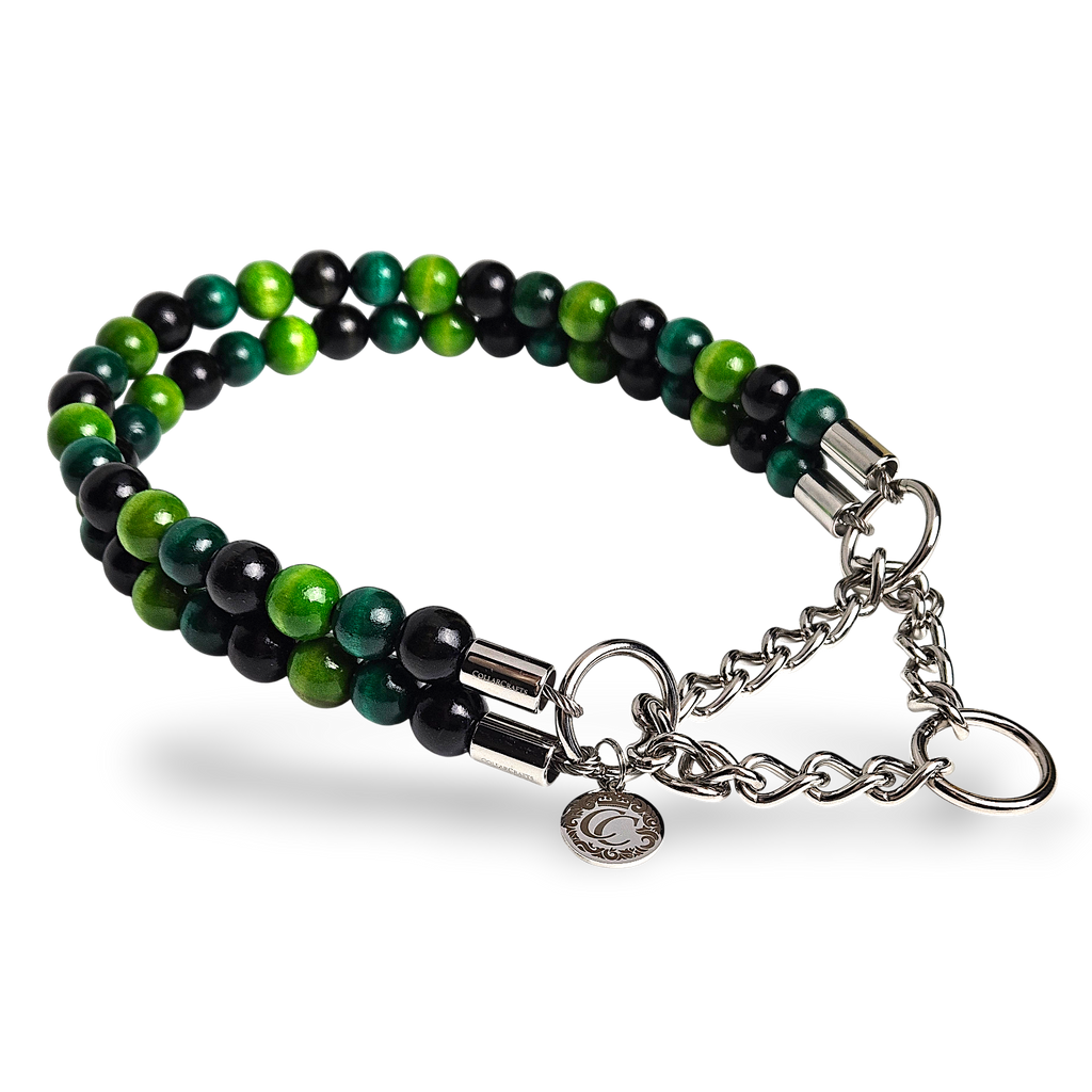 CollarCrafts beaded dog collar green emerald black beads with martingale closure for large doggs, leash safe