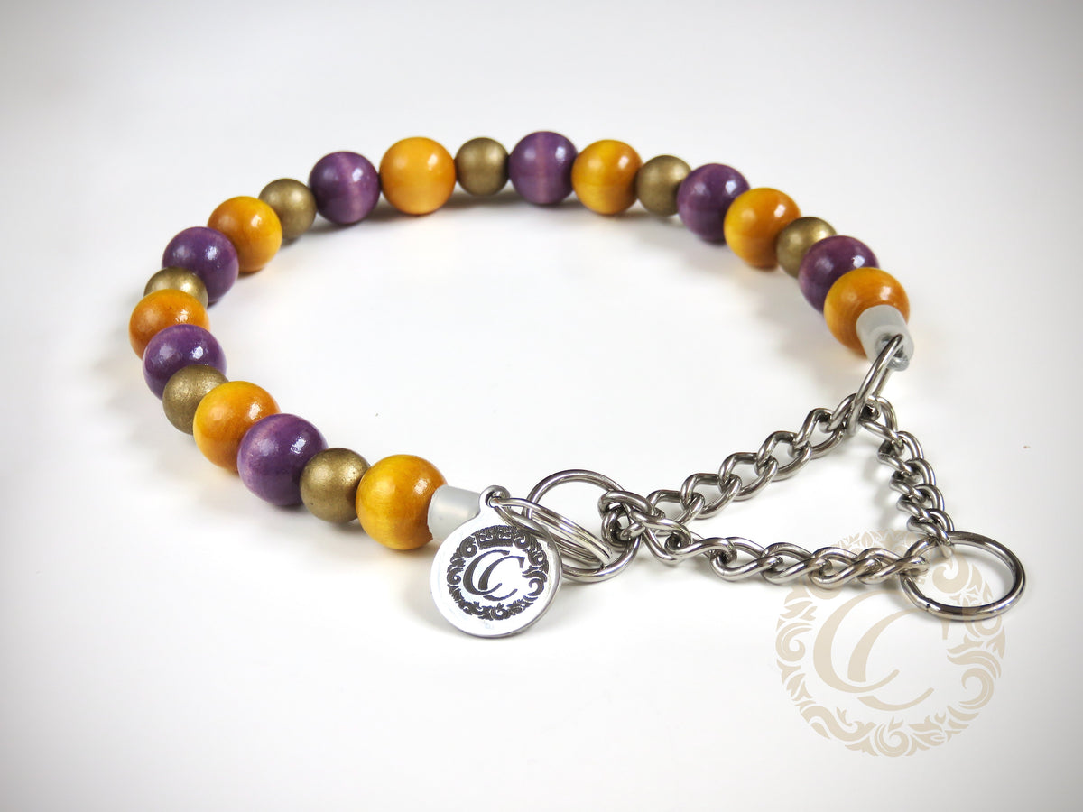 Handmade dog collar Purple Gold Mini | Dog Collars | handmade Collars | CollarCrafts | dogcollar | collar | honden halsband | hondenband | halsband leiband set | bead dog collars | durable wooden pearls collar | luxury dog collar | beaded dog collars | wooden bead dog collars | alu max com dog collars | beaded collars for dogs | purple yellow gold dog collars | collarcrafts