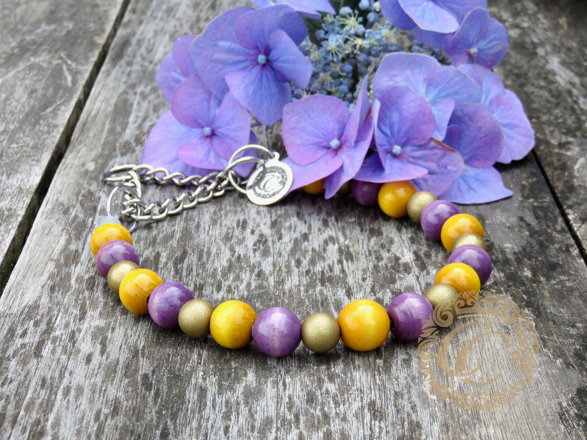 Handmade dog collar Purple Gold Mini | Dog Collars | handmade Collars | CollarCrafts | dogcollar | collar | honden halsband | hondenband | halsband leiband set | bead dog collars | durable wooden pearls collar | luxury dog collar | beaded dog collars | wooden bead dog collars | alu max com dog collars | beaded collars for dogs | purple yellow gold dog collars | collarcrafts