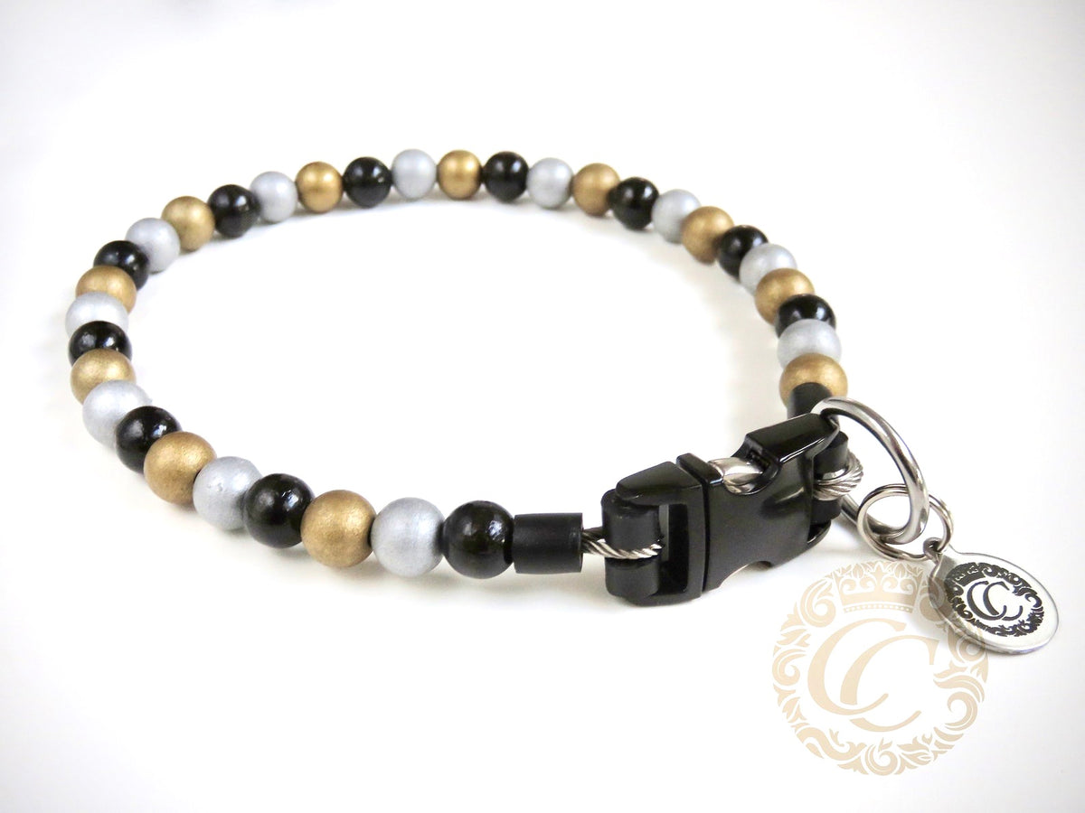 Dog collar Black Gold Silver Mini  | Dog Collars | Collar leash set | CollarCrafts | dogcollar | collar | hondenhalsband | Halsbanden | Silver gold black dog collar | Unbreakable dog necklaces | Custom made dog collar | luxury dog collar | Luxury dog collars | wooden bead dog collars | alu max com dog collars | beaded collars for dogs | Beaded dog collars | collarcrafts