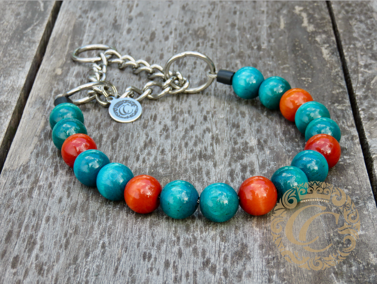 Dog collar Turquoise Orange Maxi | dog collars and leashes | CollarCrafts | dogcollar | handmade dog collar | hondenhalsband | turquoise orange collar | bead dog collars | design dog collar | luxury dog collars | martingale dog collars | wooden bead dog collars | alu max com dog collars | beaded collars for dogs | turquoise dog collars