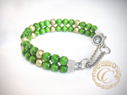 Dog collar Double Apple Gold | handmade dog collar | collarcrafts | dogcollar | halsband | beads dogcollar | collar | hondenhalsband | Unbreakable necklace for dogs | bead dog collars | Christmas collar | Buckle dog collar | Martingale dog collars | wooden bead dog collars | alumax dog collars | beaded collars for dogs | green gold dog collars