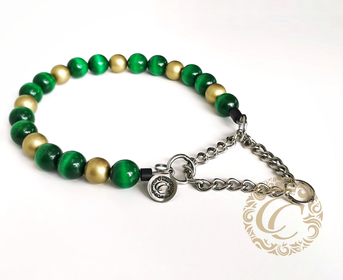 Dog collar Emerald Gold | Dog Collars | Custom made Collars | CollarCrafts | dogcollar | collar | halsband leiband set | luxury dog collars | chique honden halsband | bead dog collars | emerald green dog collar | beaded dog collar | Martingale dog collars | wooden bead dog collars | alu max com dog collars | beaded collars for dogs | Green Beads dog collars | collarcrafts