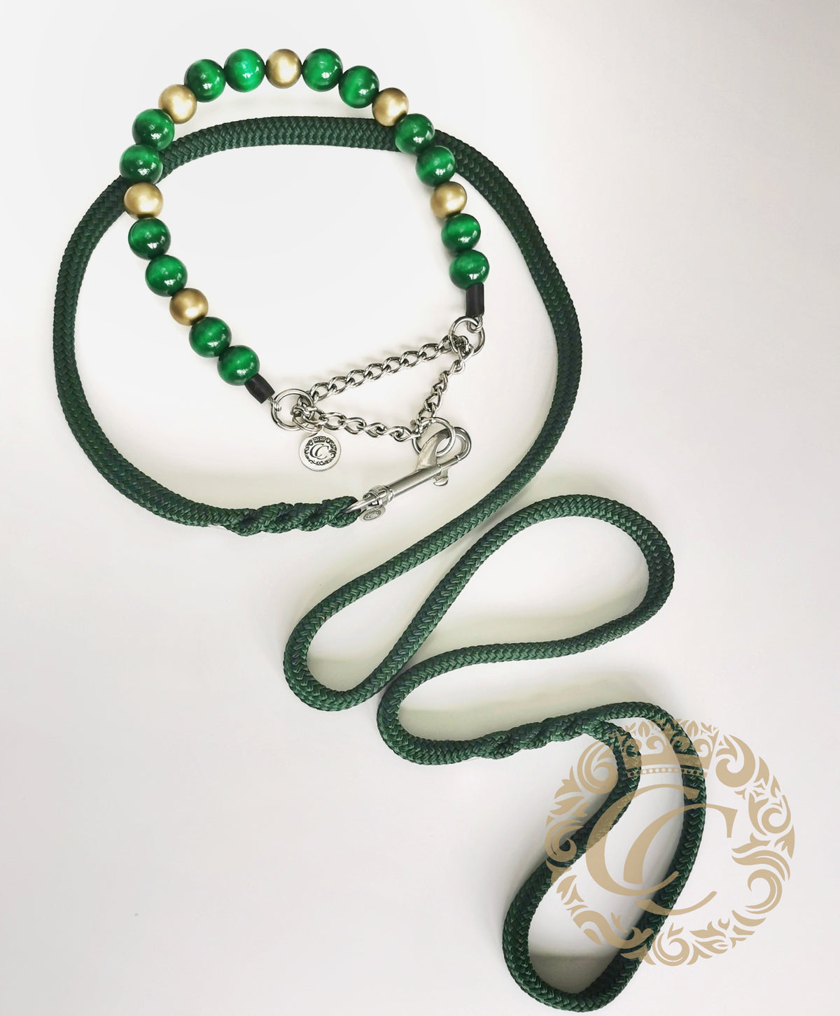 Dog collar Emerald Gold | Dog Collars | Custom made Collars | CollarCrafts | dogcollar | collar | halsband leiband set | luxury dog collars | chique honden halsband | bead dog collars | emerald green dog collar | beaded dog collar | Martingale dog collars | wooden bead dog collars | alu max com dog collars | beaded collars for dogs | Green Beads dog collars | collarcrafts