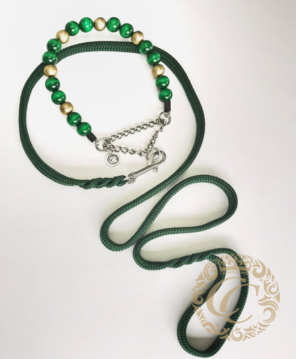 Dog collar Emerald Gold | Dog Collars | Custom made Collars | CollarCrafts | dogcollar | collar | halsband leiband set | luxury dog collars | chique honden halsband | bead dog collars | emerald green dog collar | beaded dog collar | Martingale dog collars | wooden bead dog collars | alu max com dog collars | beaded collars for dogs | Green Beads dog collars | collarcrafts