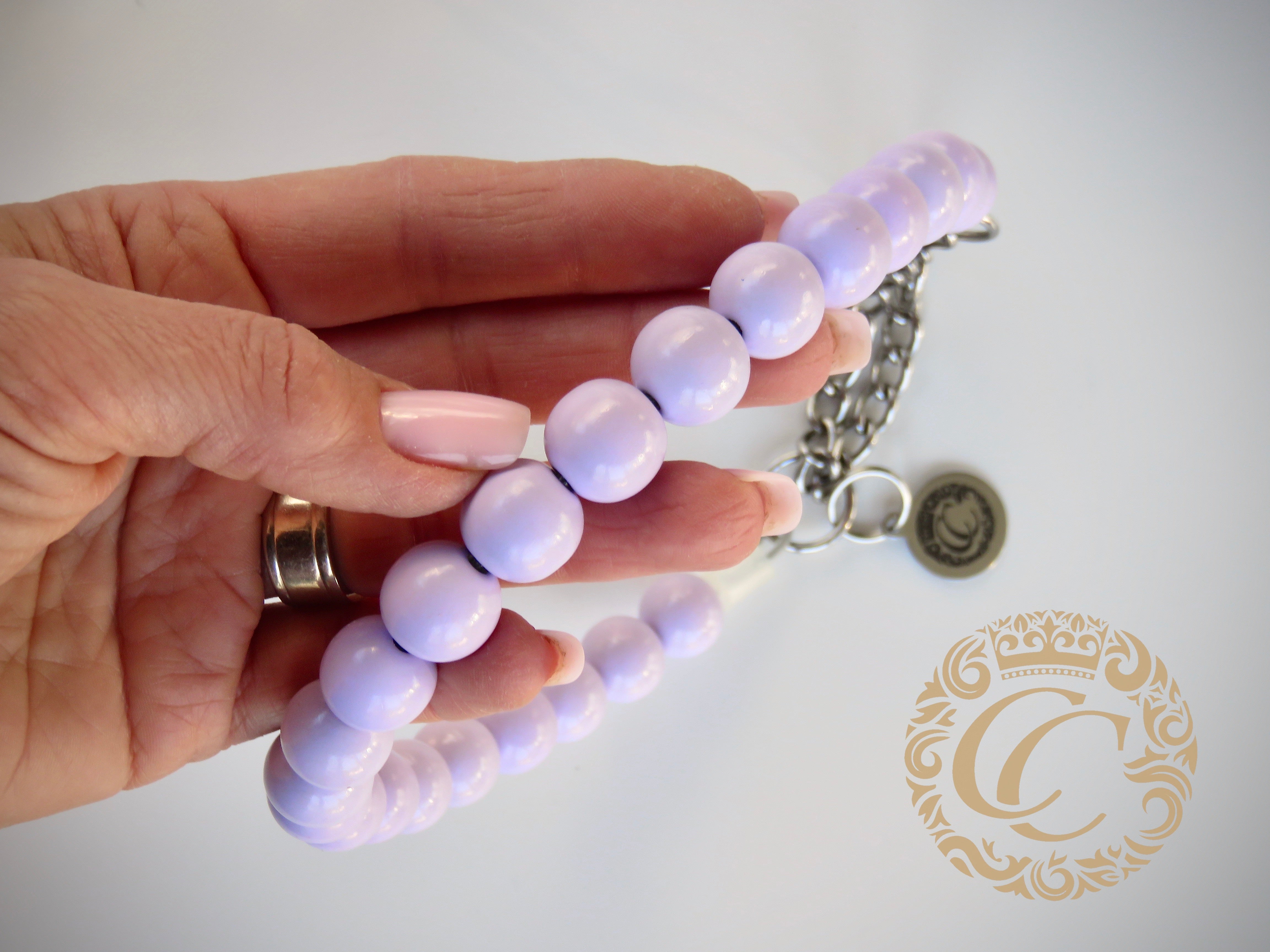 Luxury wooden bead dog collar, lightweight scratch-proof lilac collar safe for walking on leash