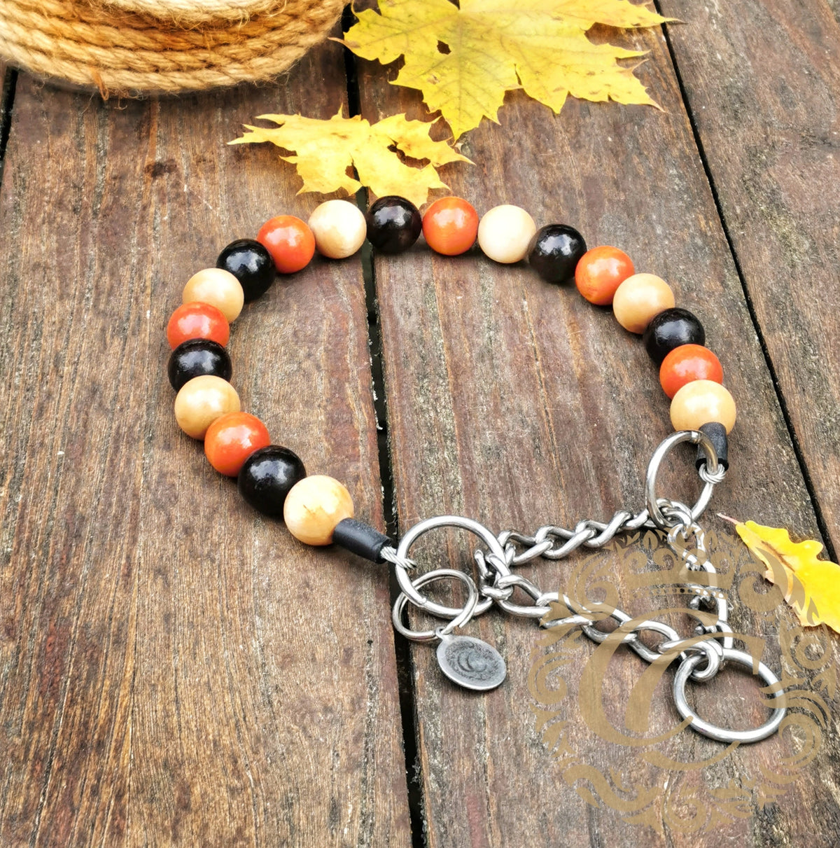Dog collar Black Orange Beige Maxi | unique dog collar | collarcrafts | dog collar | halsband | dogcollar | collar | handmade dog collars | custom made dog collars and leashes | luxury dog collars | unbreakable dog necklace | martingale dog collar | buckle dog collars | wooden bead dog collars | alu max com dog collars | beaded collars for dogs | bead dog collars